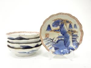 古伊万里　染付　山水　四寸皿　5客揃